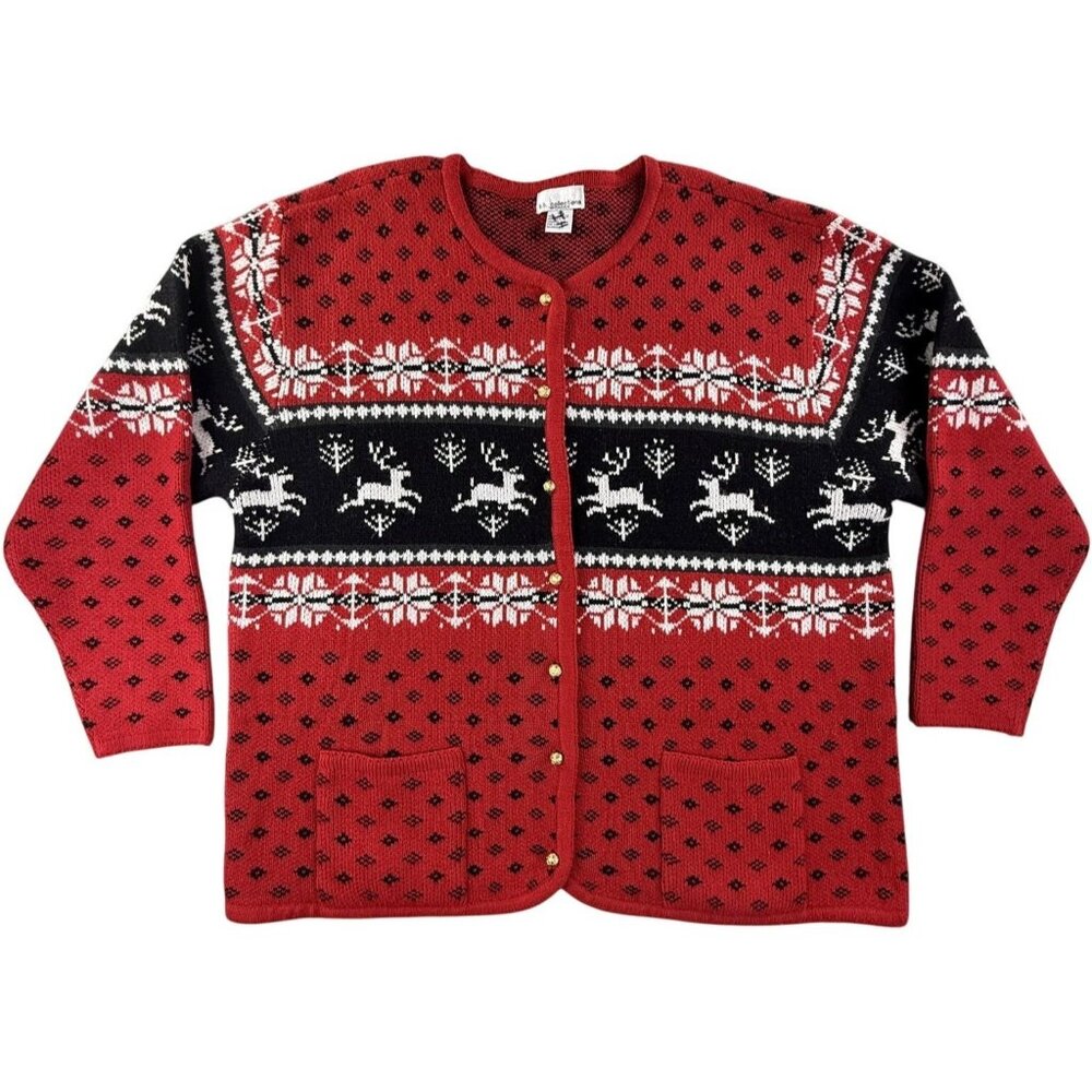 K.b. Collections Cardigan Sweater Womens 2X Red Christmas Reindeer Pockets Ugly